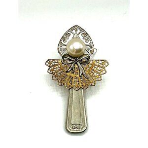 Vintage Angel Brooch With Gold Filigree Wings and Pearl Accent